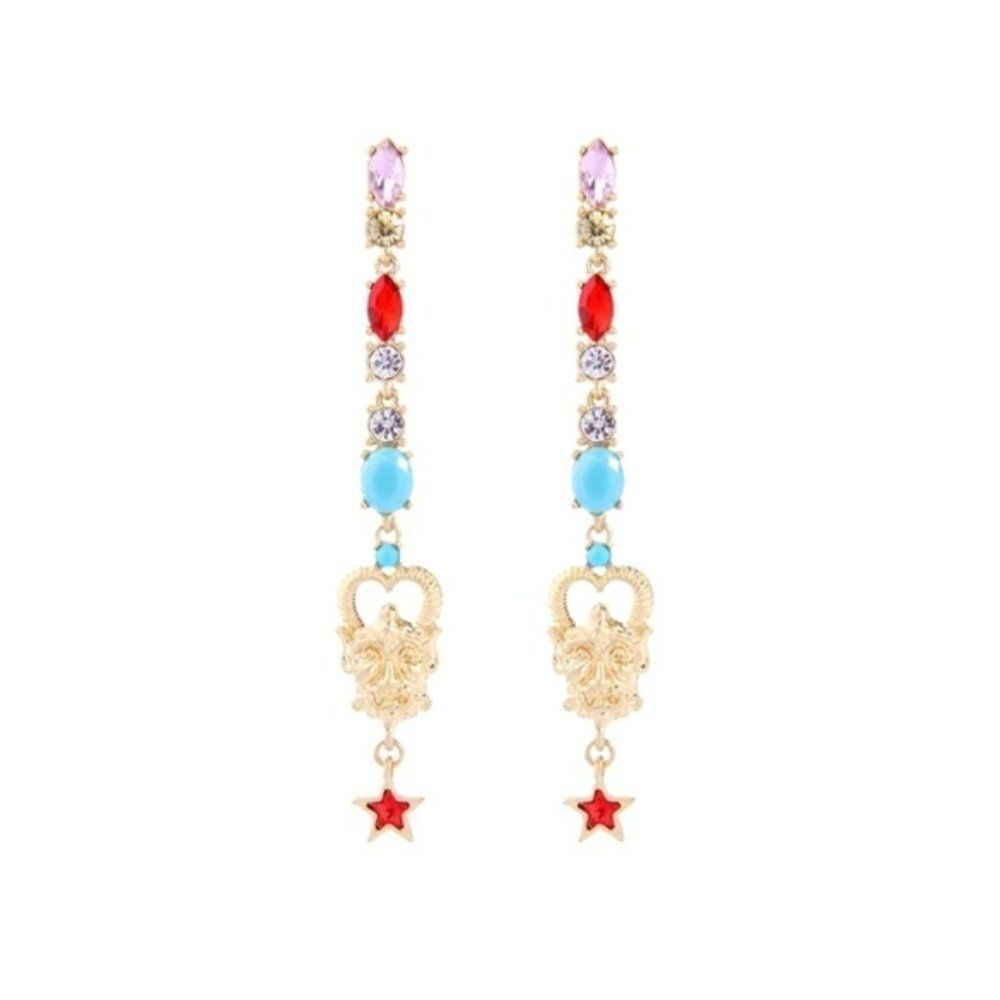 Blue Red Rhinestone Crystal Abstract Gold Dangle Statement Earrings